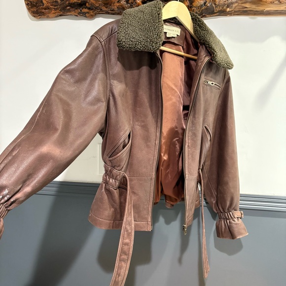 Colebrook & Co Vintage Women's Brown Leather Bomber Jacket Shearling Collar - Picture 13 of 14